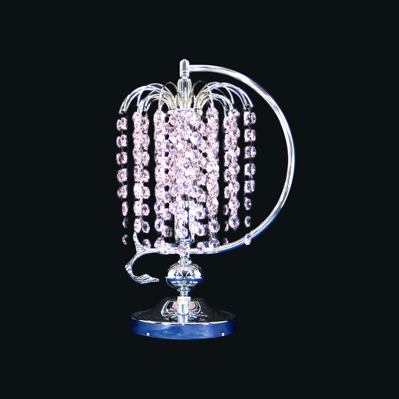 1-Head Drooping Tassel Night Light Retro Pink/Yellow/Blue Crystal Table Lighting with Polished Chrome C Arm