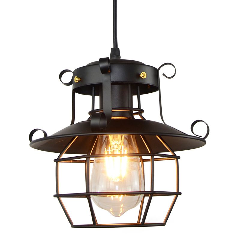 Retro Industrial Open Grid Cage Pendant Light Iron 1 Light Black Suspension Light  for Dining Table