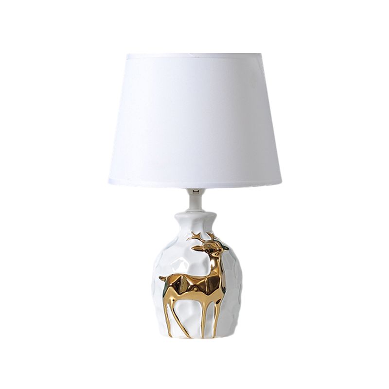 1-Bulb Tapered Desk Light Countryside White Fabric Night Table Lamp with Deer Vase Base, 11"/14"/15" Wide