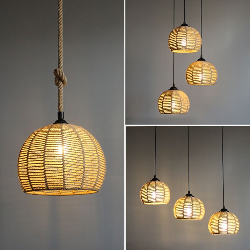 Spherical Shade Rattan Hanging Light 1-Light Asian Style Pendulum Light in Beige