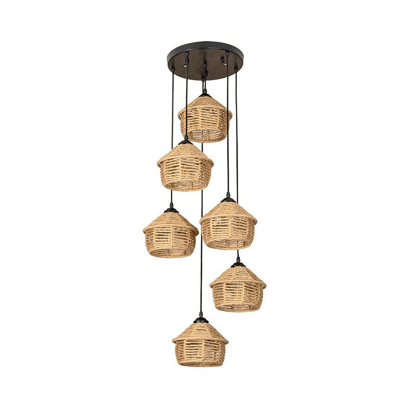 3/6 Lights Rope Cluster Pendant Rural Brown Barn Dining Room Ceiling Suspension Lamp with Round/Linear Canopy