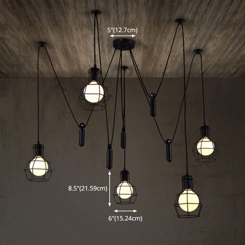 Multi-Light Pendant Industrial Cage Metal Ceiling Hang Light with Pulley in Black