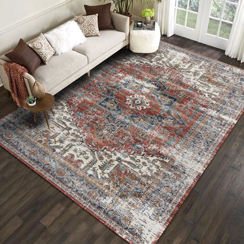 Antique Polyester Carpet Multicolor Tribal Pattern Rug Anti-Slip Backing Indoor Rug for Living Room