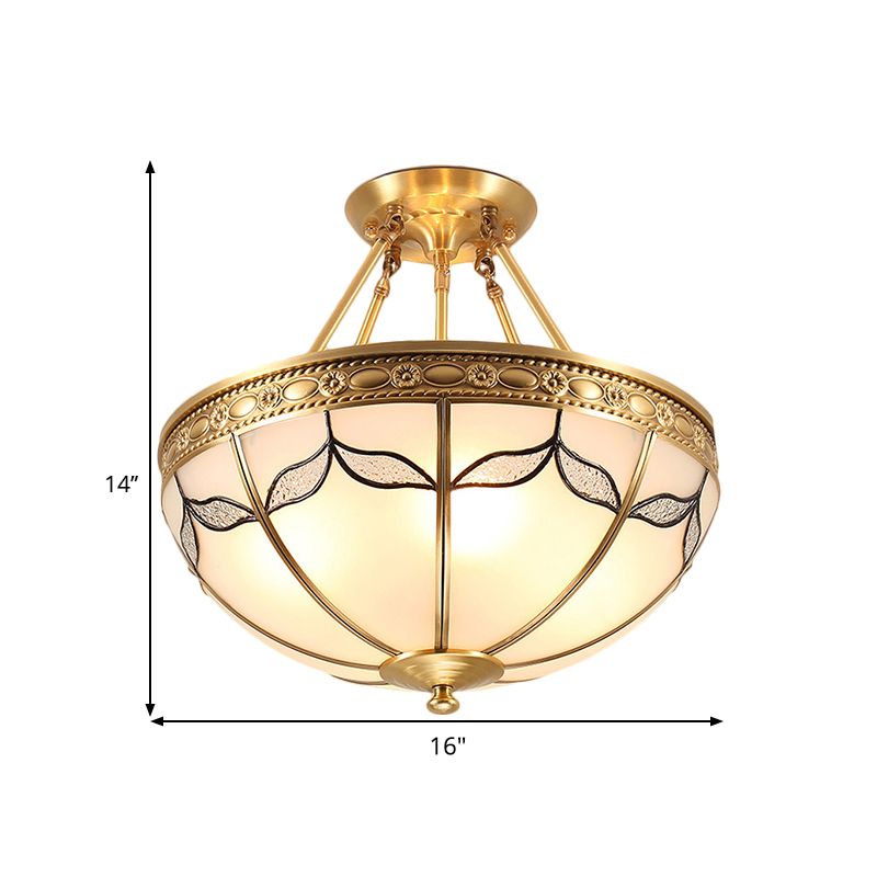 14"/16" W Dome Ceiling Light 3/4 Bulb Opal Glass Leaf Motif Semi Recessed Brass Lighting