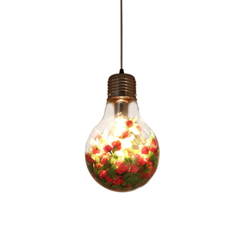 Lámpara de suspensión de flores de restaurante de 1 luces de 1 luces en forma de bulbo de vidrio transparente, 6 "/8.5"/12 "de ancho