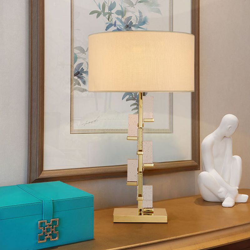 1 Head Bedside Desk Lamp Modernist Gold Task Lighting with Cylinder Fabric Shade