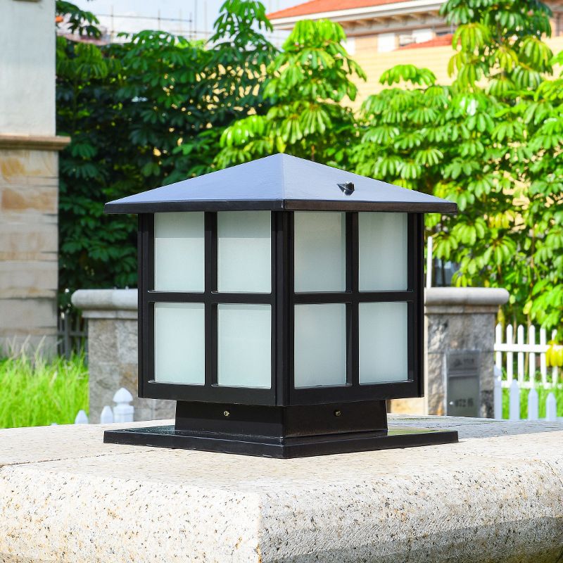 House Shaped Aluminum Post Lighting Vintage Single-Bulb Courtyard Landscape Lamp with Frosted Acrylic Shade