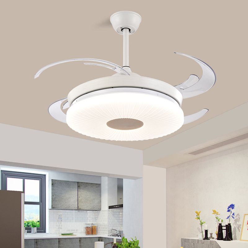 Minimalist Round Fan Lighting LED 42" Width Metal Semi Flush Ceiling Light in White for Restaurant, 8 Clear Blades