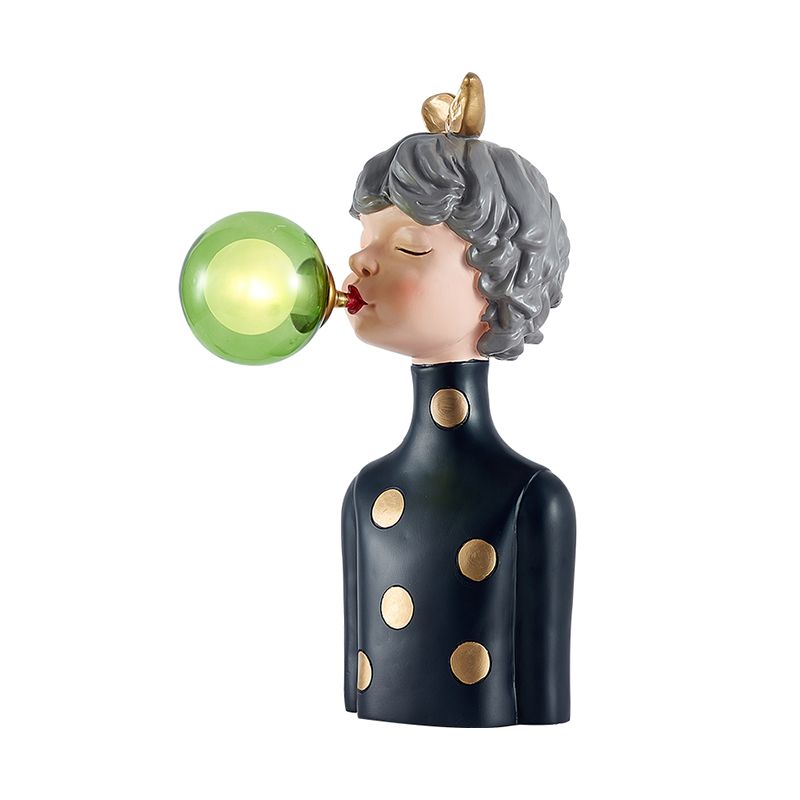 Blowing Bubble Girl Resin Desk Light Cartoon 1 Bulb Black Night Lamp with Clear/Blue/Green Glass Shade