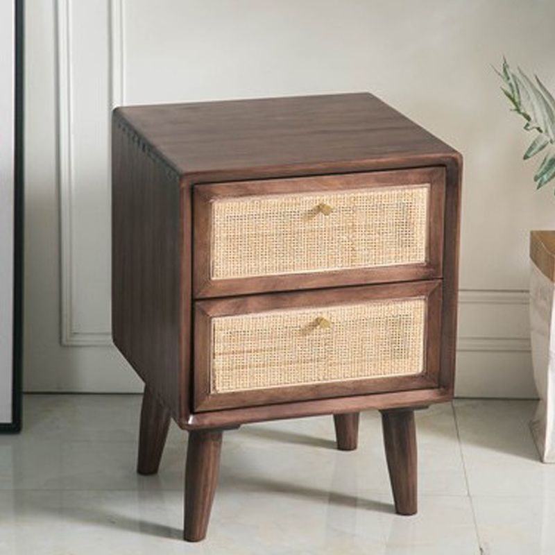 Solid Wood and Rattan Nightstand Drawer Storage 2 Drawer Bedside Cabinet Legs Included