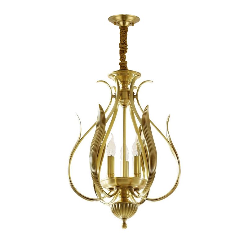 3 Bulbs Candle Hanging Chandelier Colonial Gold Metal Ceiling Suspension Lamp for Restaurant