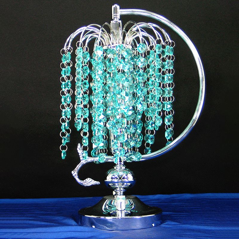 1-Head Drooping Tassel Night Light Retro Pink/Yellow/Blue Crystal Table Lighting with Polished Chrome C Arm