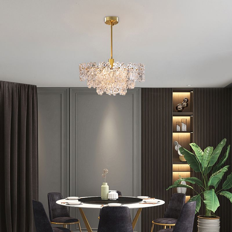 Tiered Floral Glass Chandelier Postmodern Brass Finish Hanging Light for Living Room