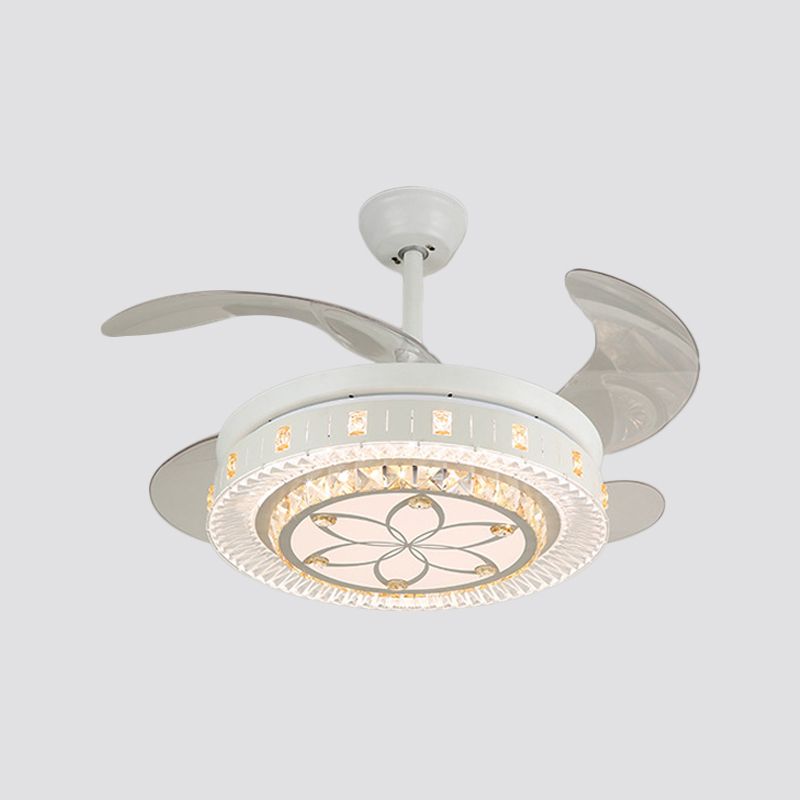 19" Wide White Layered Ceiling Fan Light Modernist LED Crystal Semi Flush Mount, 4 Blades