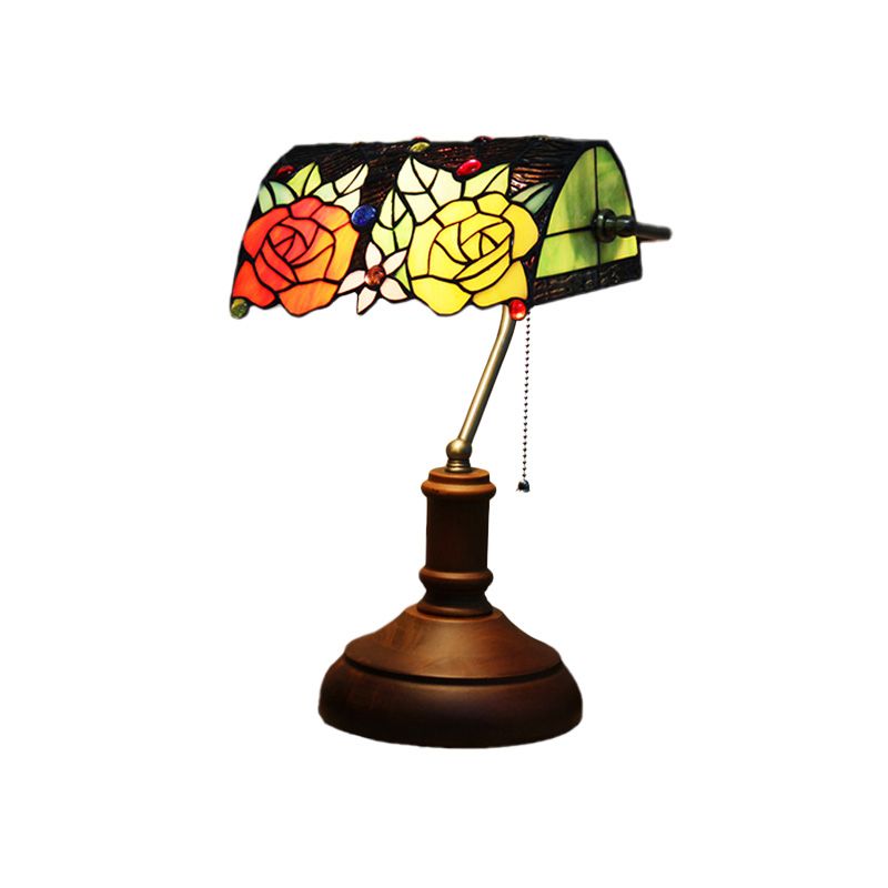 1 Light Table Lamp Baroque Rose Stained Art Glass Pull Chain Night Lighting in Dark Brown