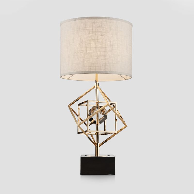 1-Head Bedroom Nightstand Lamp Luxury Gold Fabric Night Table Light with Square Stone Pedestal