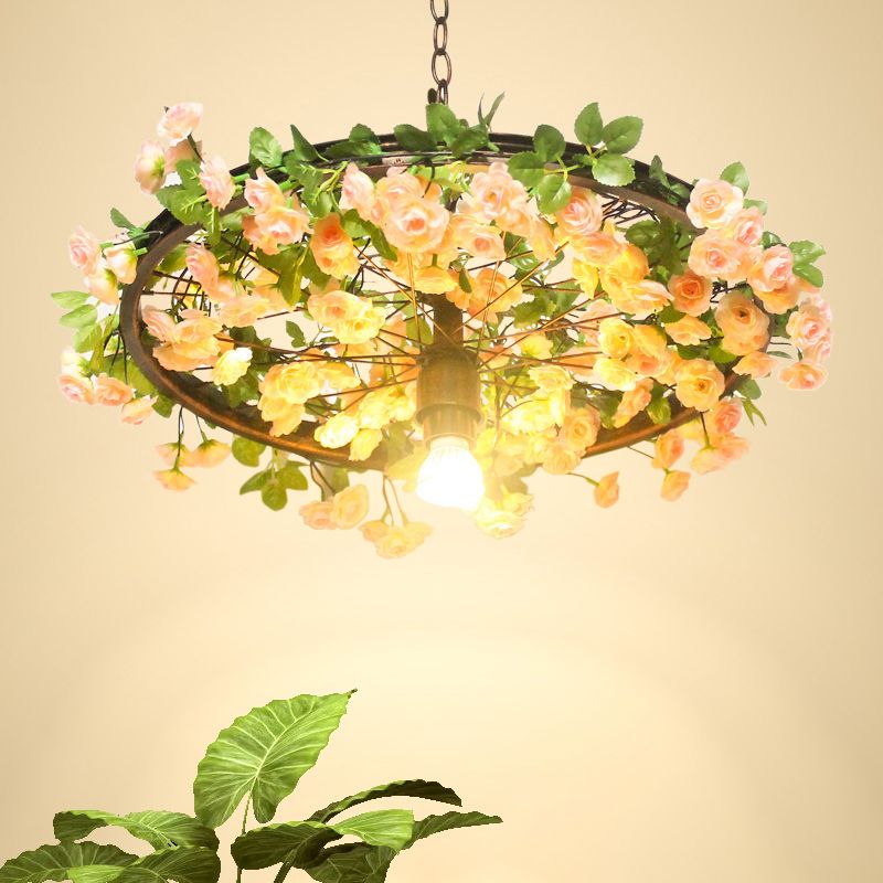 8.5"/15" W Wheel Restaurant Drop Lamp Factory Iron 1 Bulb Pink/Blue Down Lighting Pendant with Artificial Flower Decor