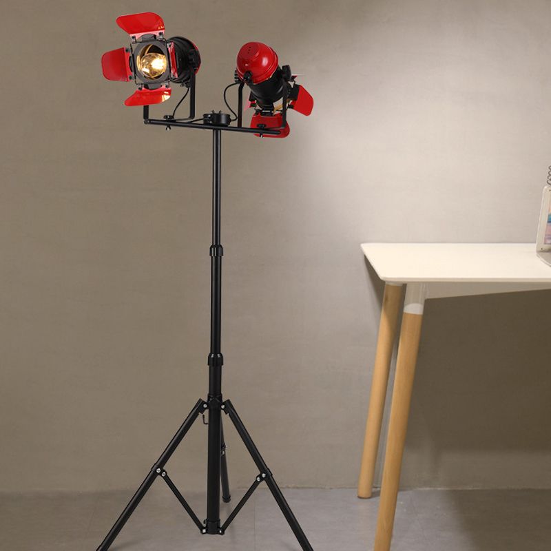 2 Light Floor Lamp Retro Industrial Tripod Design Metallic Standing Floor Light in Red for Studio