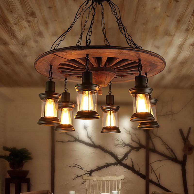 Restaugatura ruota il lampadario sospeso il lampadario antico in legno 6 teste Black Affermazione Light con tonalità in vetro trasparente lanterna