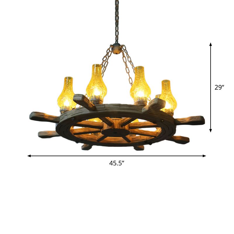 8 Lights Chandelier Lighting Coastal Corridor Wood Rudder Pendant Light Kit with Vase Yellow Crackle Glass Shade