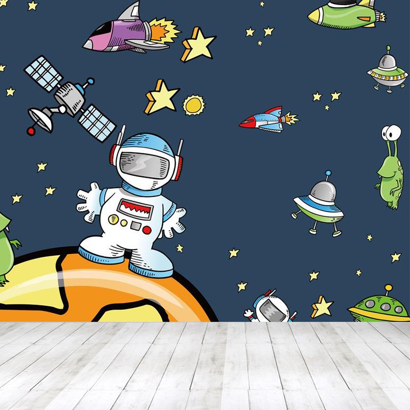 Cartoon Outer Space Wallpaper Mural Dark Blue Astronaut and Aeroboat Print Wall Covering