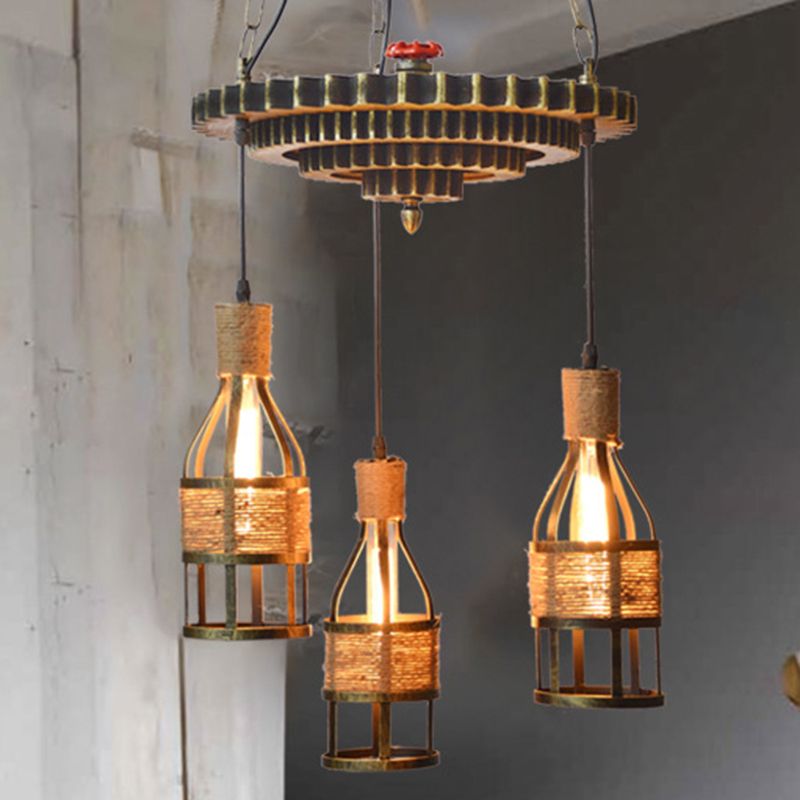 3-Light Rope and Metal Hanging Chandelier Industrial Bronze Bottle Dining Room Pendant Light Fixture with Gear