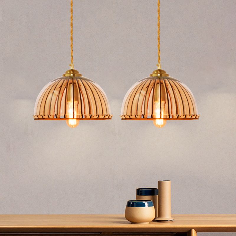 Capsule/Dome Dining Room Hanging Lamp Industrial Amber Glass Single Bulb Gold Suspension Light with Stranded Rope