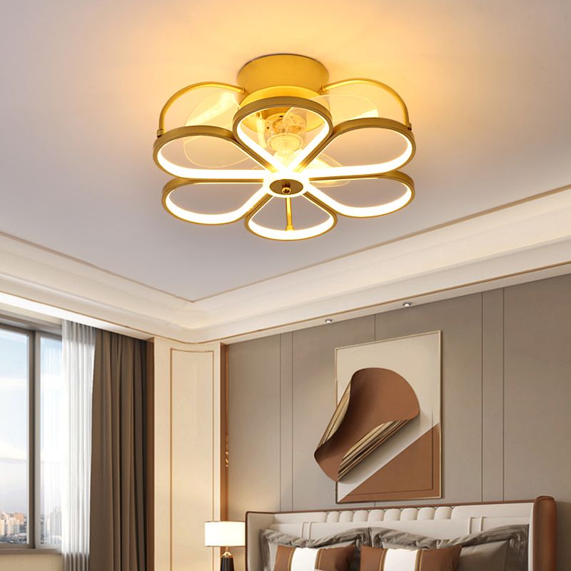 Minimalist Flower Semi Flush Mount Lamp Metal Living Room LED Ceiling Fan Light Fixture