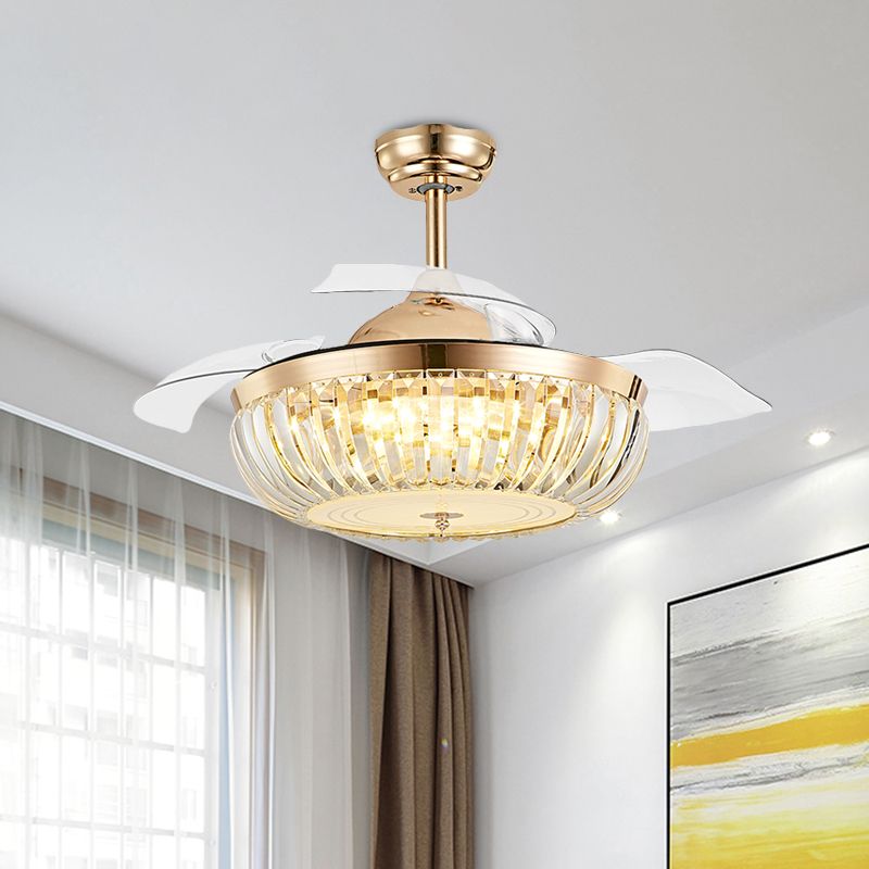 19.5 "Breedte 4 Blades LED Crystal Semi Flush Minimalistische Goudkom op woonkamer Hangingsventilatorverlichting