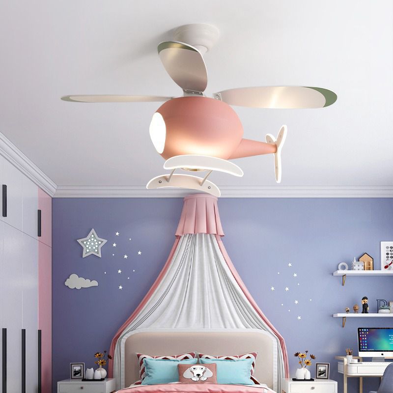 Kids Unique LED Indoor Hanging Lamp Lacquered Iron Airplane Fan Pendant Light with Acrylic Shade