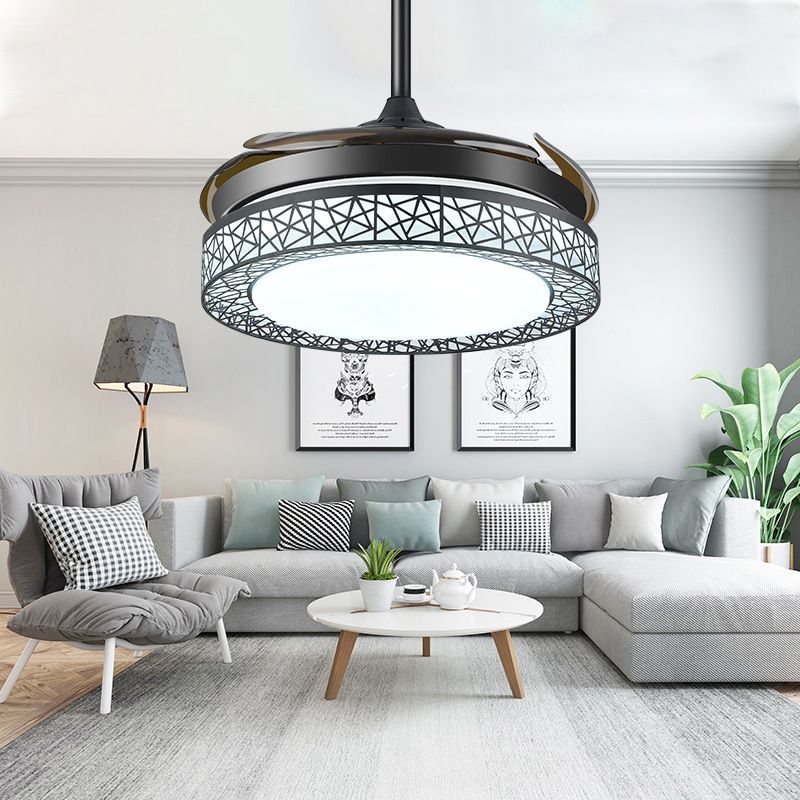 Circle Metal Ceiling Fan Lamp Traditional 16"/19.5" Wide LED Semi Flush Light Fixture in Black, Remote Control/Remote Control and Frequency Conversion