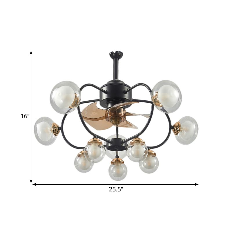 25.5 "W Modernism Ball Semi Flush Clear Glass 10 Bollen Parlor Frame Ventilator Licht in Zwart, 4 Blades