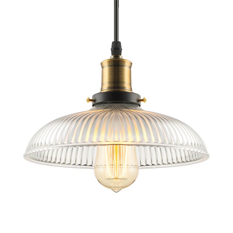 1-Light Ceiling Pendant Light Industrial Dome-Shaped Ribbed Glass Hanging Lamp for Coffee Shop in Brass