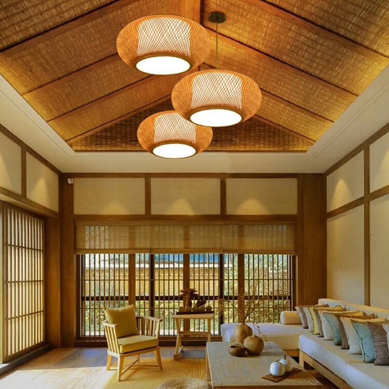 Japanese Style Bamboo Pendant Light Drum Shape Ceiling Light Fixture for Living Room