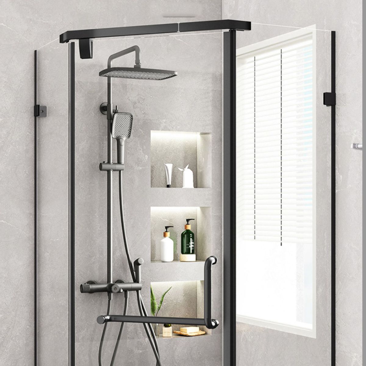 Neo-Angle Polished Glass Shower Enclosure Matt Black Frame Shower Stall