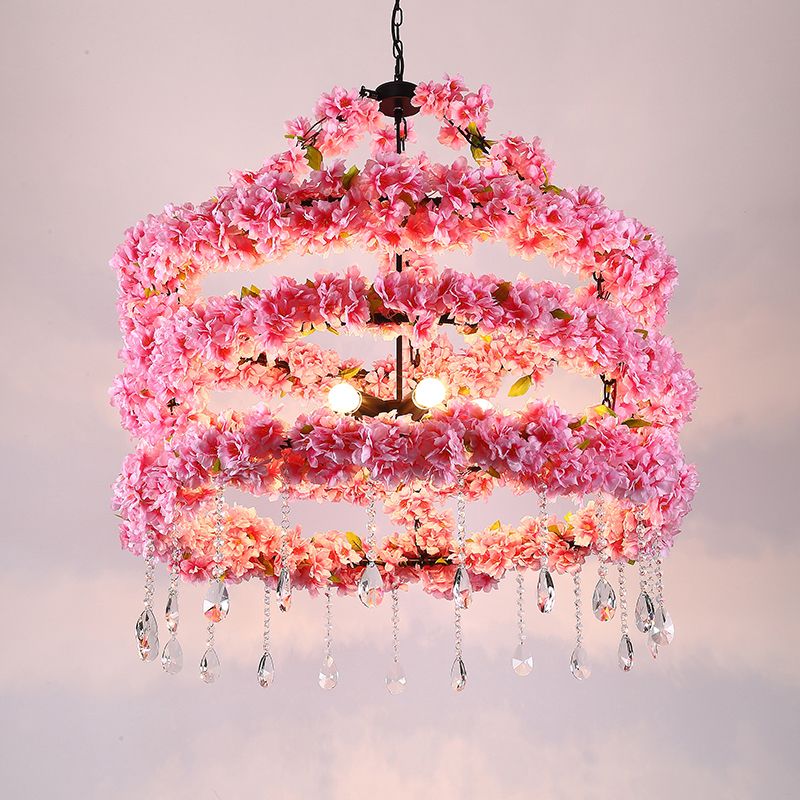 6-Bulb Cherry Wreath Chandelier Loft Style Pink Metallic Hanging Ceiling Light with Crystal Deco