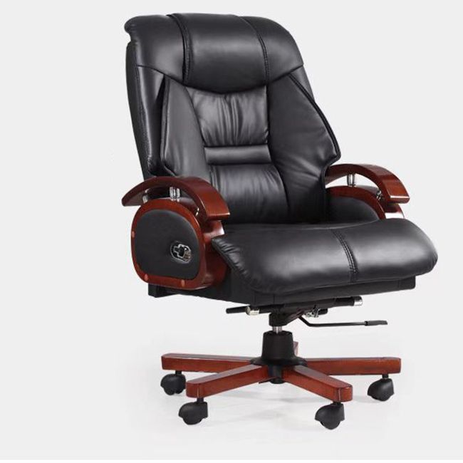 Wood Frame Upholstered Office Chair in Black Leather High Back Executive Chair