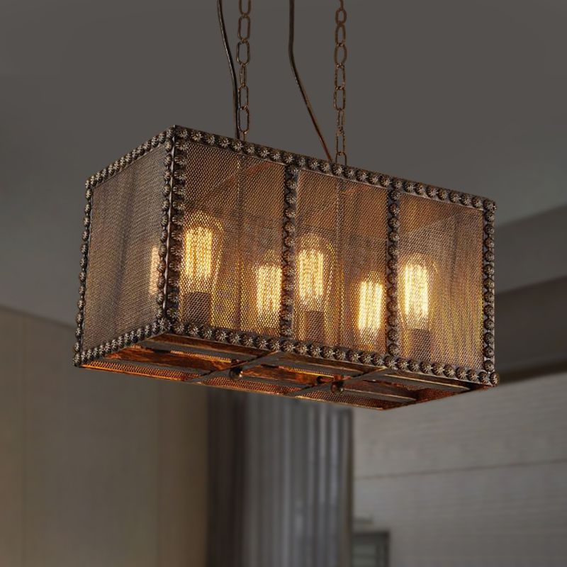 Rectangle Cage Metal Chandelier Lighting with Mesh Screen and Rivets Antique Style 6-Light Indoor Ceiling Light Fixture in Rust