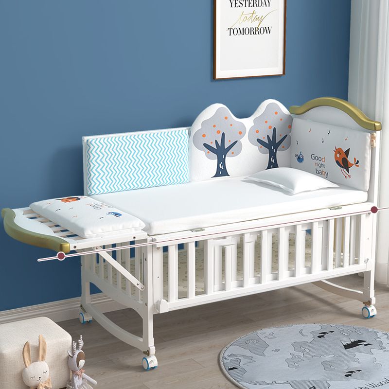 Scandinavian Convertible Crib in White 4-in-1 Nursery Crib with 2 Casters and Storage