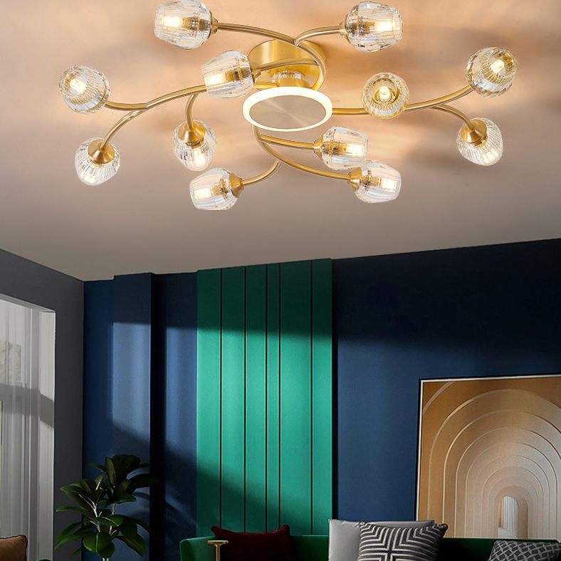 Copper Multi-head Semi Flush Mounted Ceiling Led Lights Glass Shade Modern Radial Metal Semi Flush Light