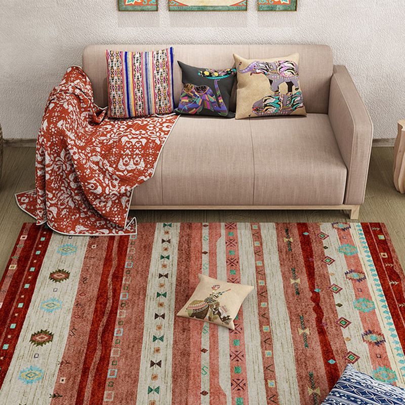 Bohemian Living Room Rug Multi Colored Stripe Print Indoor Rug Polyster Non-Slip Backing Pet Friendly Stain-Resistant Carpet