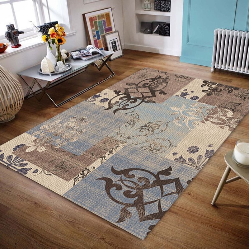 Vintage Living Room Rug Multi Color Geo Patterned Area Rug Polyster Non-Slip Machine Washable Carpet