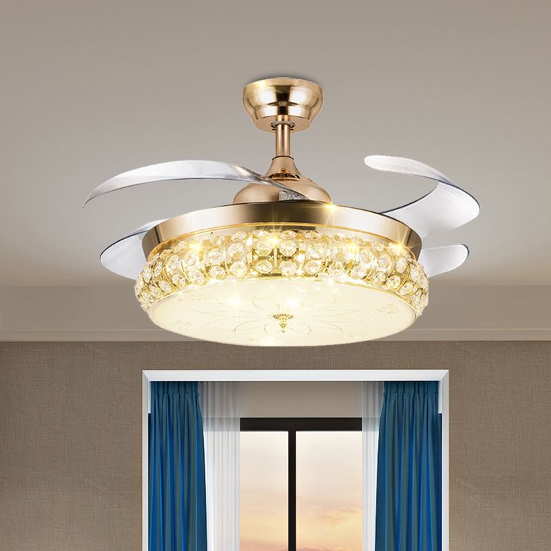 4 Blades Arch Hanging Fan Light Contemporary Gold Crystal Semi Flush Light, 19.5" W