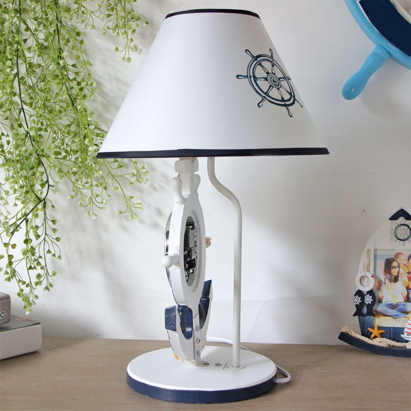 Rudder Base Table Lighting Children Style Resin Single Bulb Blue Shaded Night Stand Lamp with Clock Design