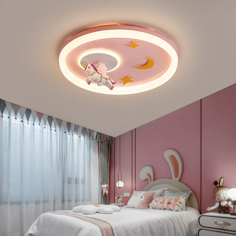 Metal Round Flush Mount Light Lovely Pink Unicorn Ceiling Light for Kid's Room