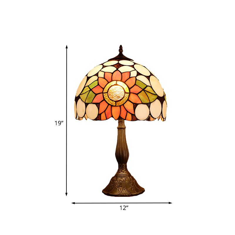 Bronze 1-Head Night Lighting Mediterranean Hand Cut Glass Domed Shade Nightstand Lamp with Sunflower Pattern