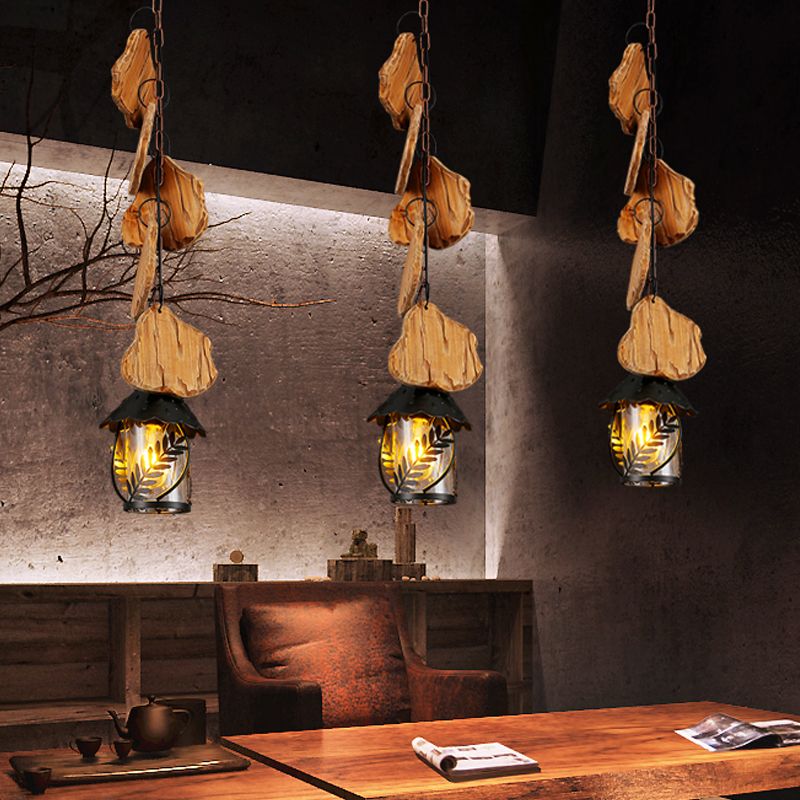 Kerosene Dining Room Pendant Lamp Factory White Fabric/Clear Glass 1-Light Black Wood Down Lighting with Leaf Pattern