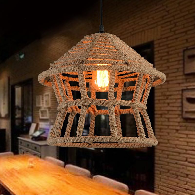 1 Head Suspension Lighting Retro House Shaped Hemp Rope Pendant Ceiling Light in Brown