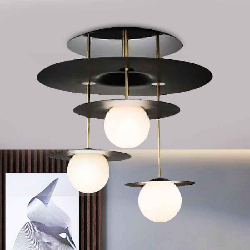 Metal Disk Flush Light Fixture Modernist 3 Bulbs Black Semi Flush Mount Ceiling Lamp with Ball White Glass Shade