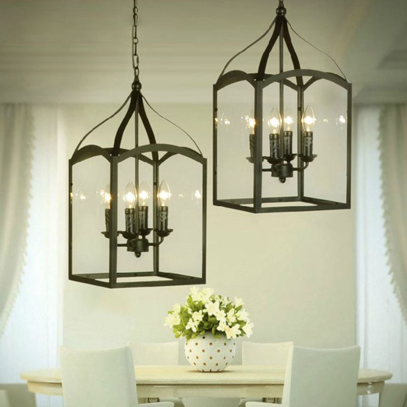 Black 4-Light Pendant Light in Industrial Classic Style Wrought Iron Hanging Lamp with Glass Shade